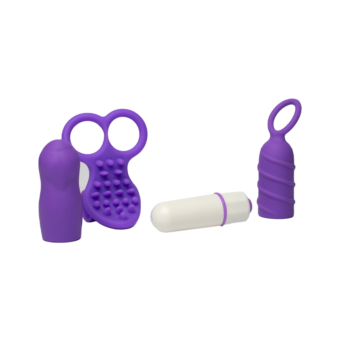 Kit de bala vibradora y accesorios intercambiables. Bala de 10 funciones 3 mangas intercambiables: funda de dedo, funda twisty, funda nubby. Accesorios 100% silicona. Bala plástico ABS libre de ftalatos. Impermeable.